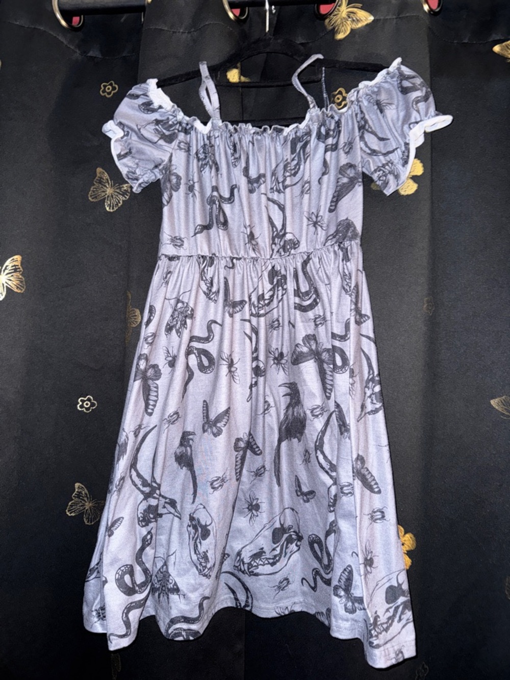 Woman's Gothic Grey Off-Shoulder Dress with Black Nature Print